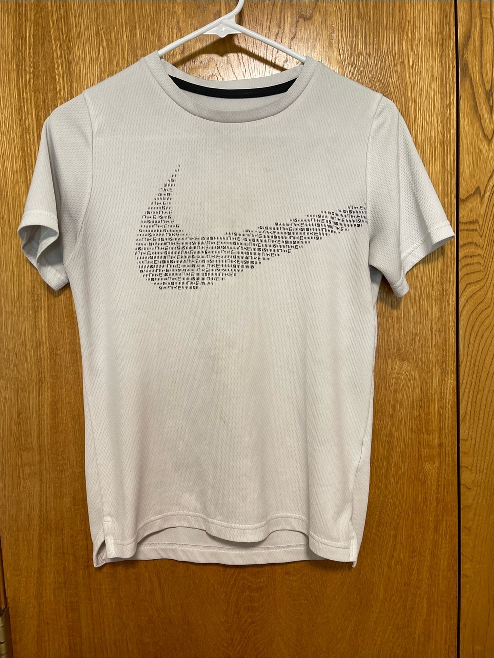 Nike White Performance Short Sleeve Tee with Black Swoosh Text Graphic